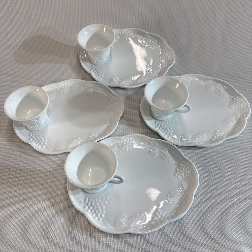 Vtg 1950s Indiana Glass Milk Glass Snack Trays with Cups Grape Leaf 8 Piece Set